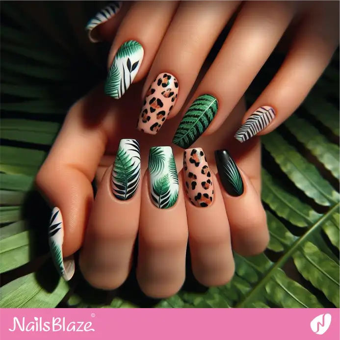 Fern Leaves and Animal Print Tropical Nails | Nature-inspired Nails - NB1551